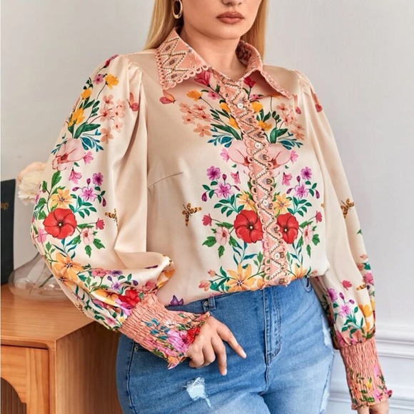 Boho Floral Print Lace Trim Smocked Shirred Cuffed Button Down Shirt Top Blouse - Picture 6 of 7